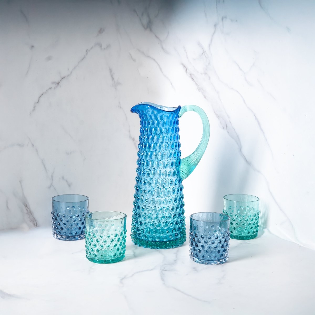 Set of Ocean Hobnail Pitcher with Whiskey Glasses - KLIMCHI