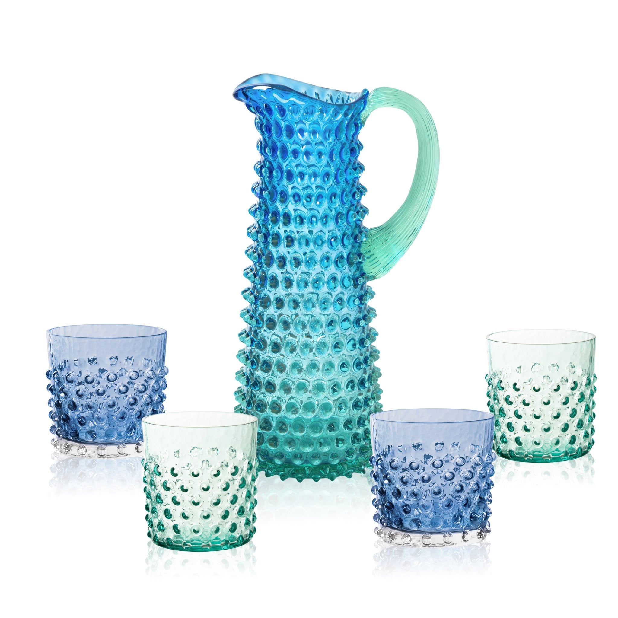 Set of Ocean Hobnail Pitcher with Whiskey Glasses
