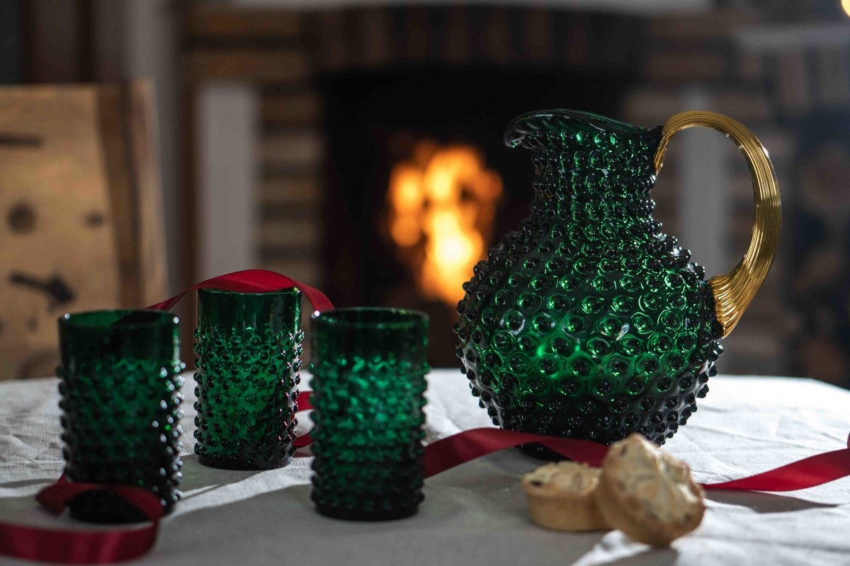 Dark Green Hobnail Jug with Shiny Gold Handle - KLIMCHI